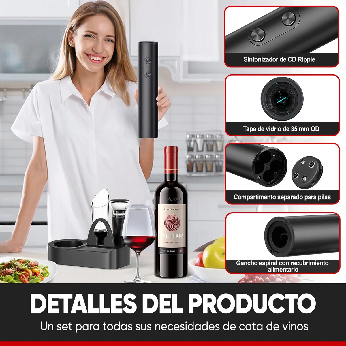Foto 3 | Sacacorchos De Vino Eléctrico Con Base Kit Sacacorcho Eo Safe Imports  Esi-20687 Negro