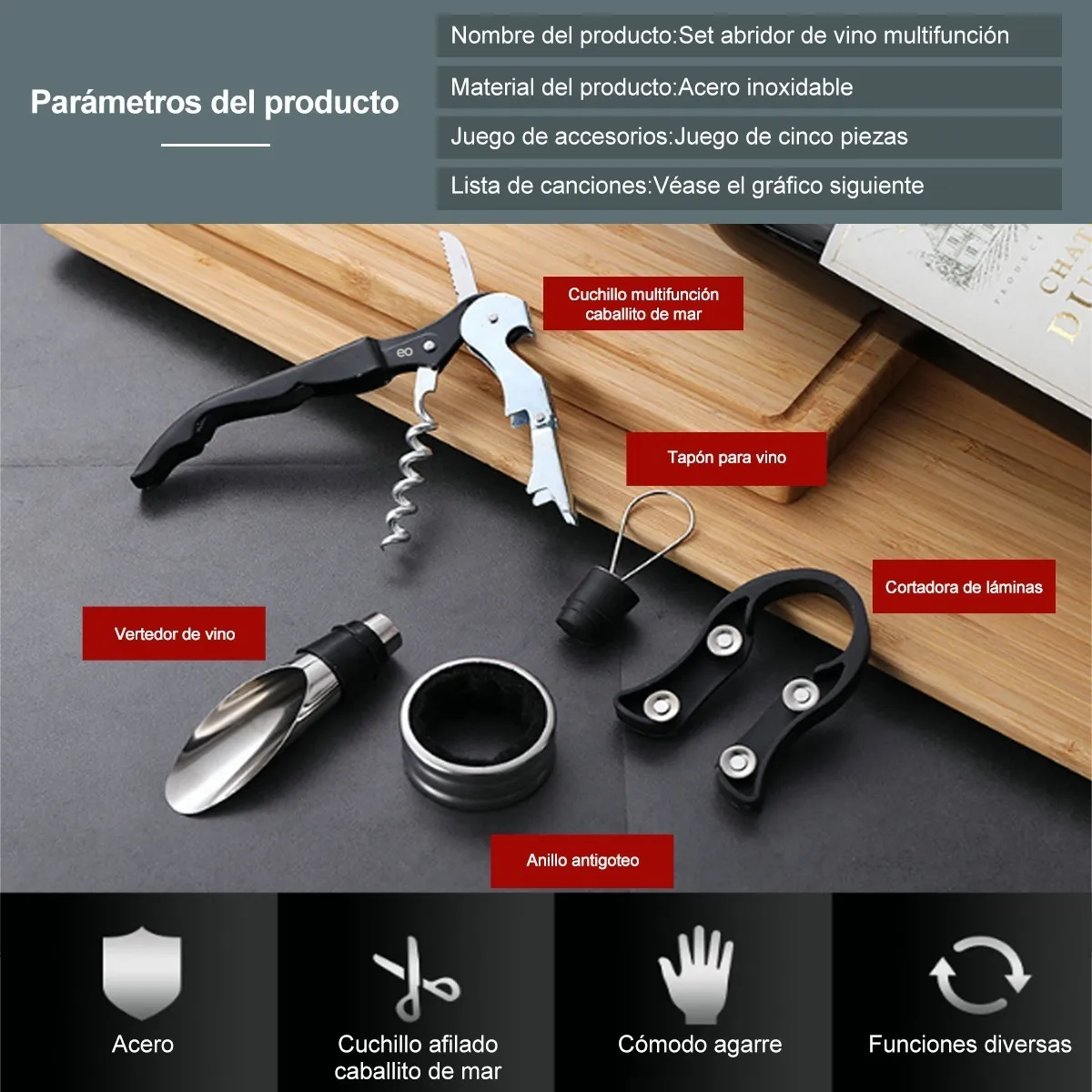 Foto 3 pulgar | Sacacorchos Multifuncional Descorchador Profesional Eo Safe Imports Esi-20689 Negro
