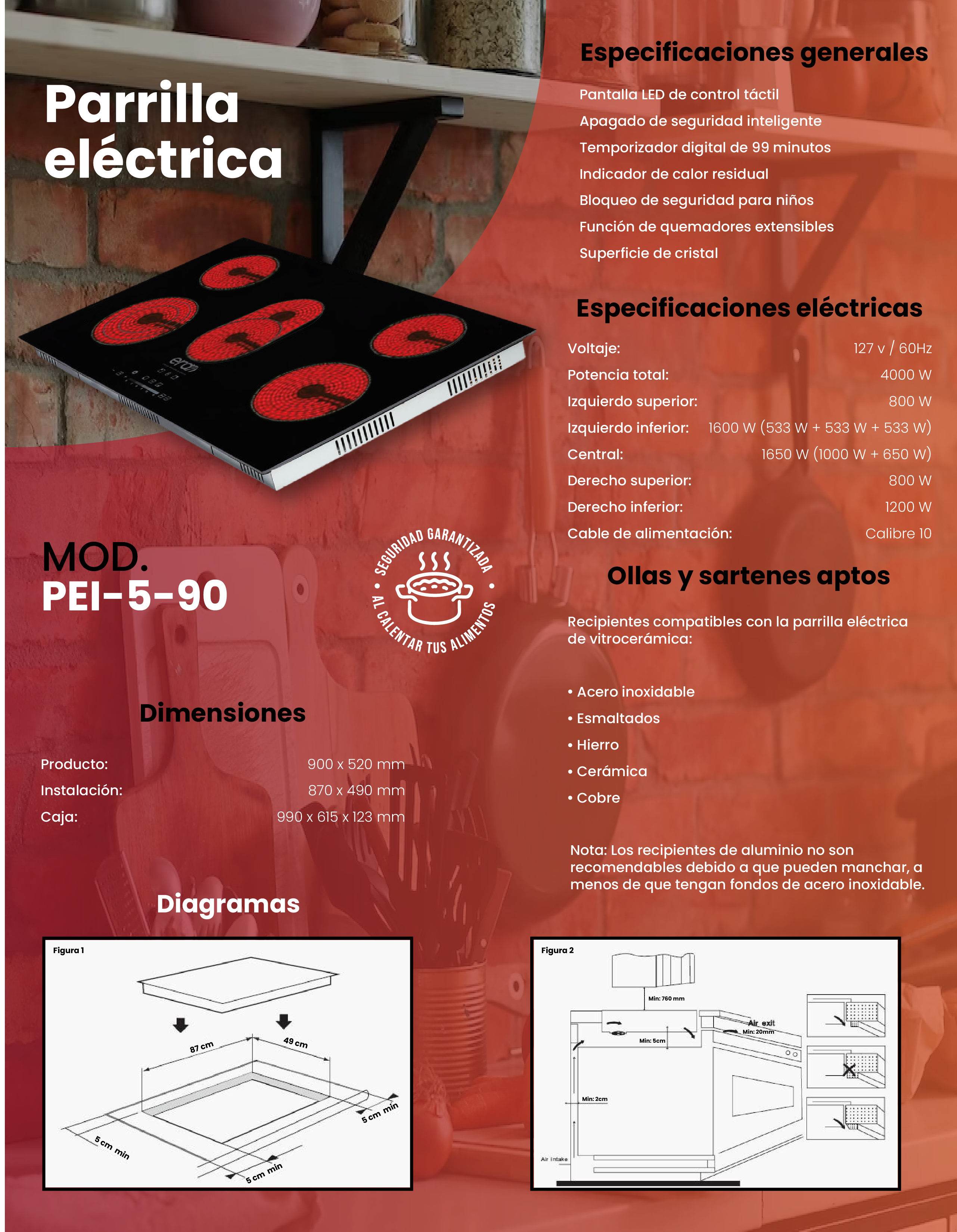 Foto 7 pulgar | Parrilla Eléctrica de Vitrocerámica ERA Energía Renovable de América PEI-5-90 5 Quemadores 110v 90 cm