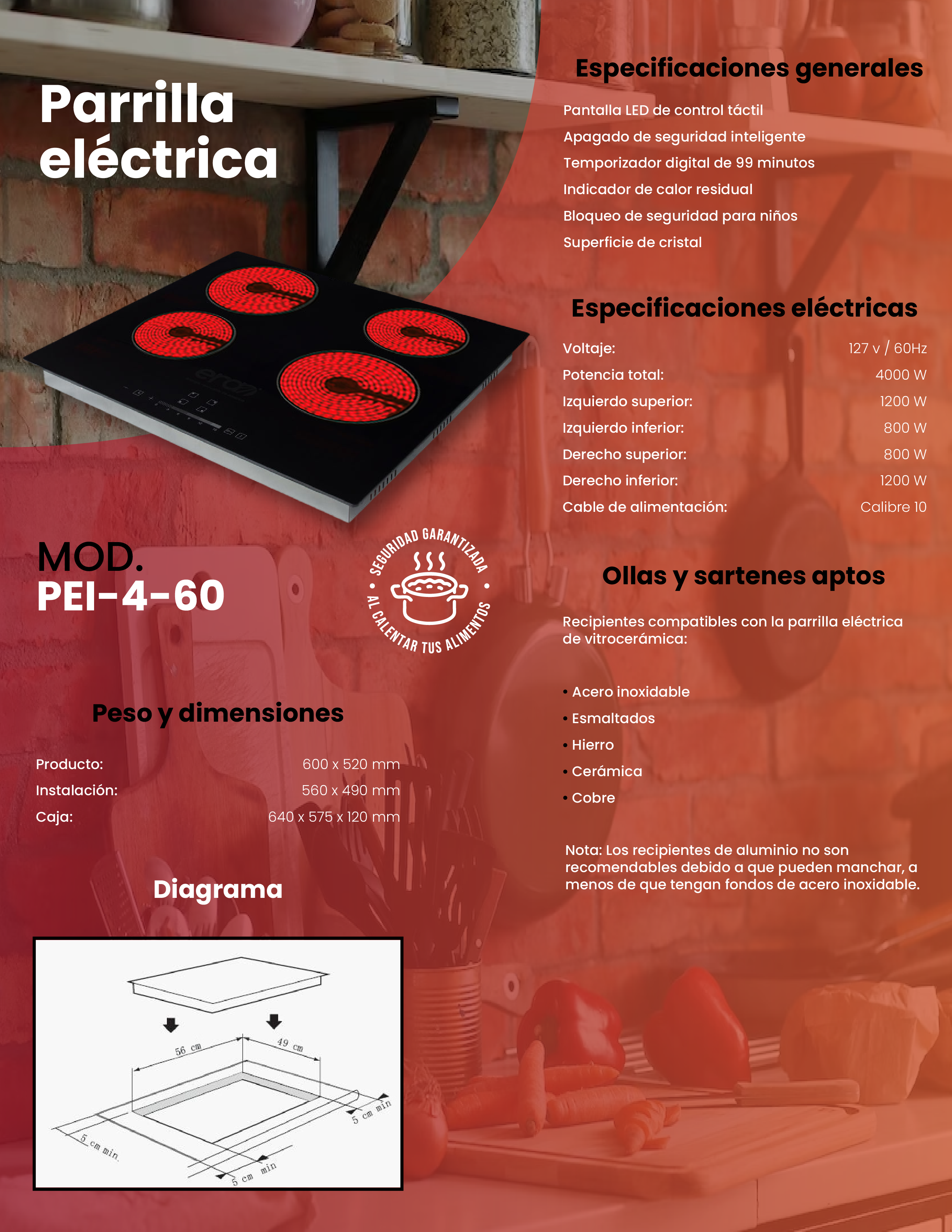 Foto 9 pulgar | Parrilla Eléctrica de Vitrocerámica Era Energía Renovable de América Pei-4-60 Negro 4 Quemadores 110V 60 cm