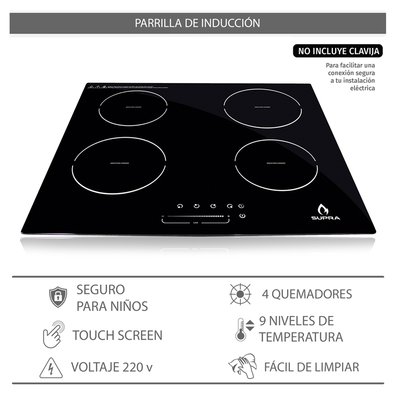 Foto 7 pulgar | Parrilla de Inducción Supra 4Q-IN-220V color Negro con 4 Quemadores de Cristal Templado