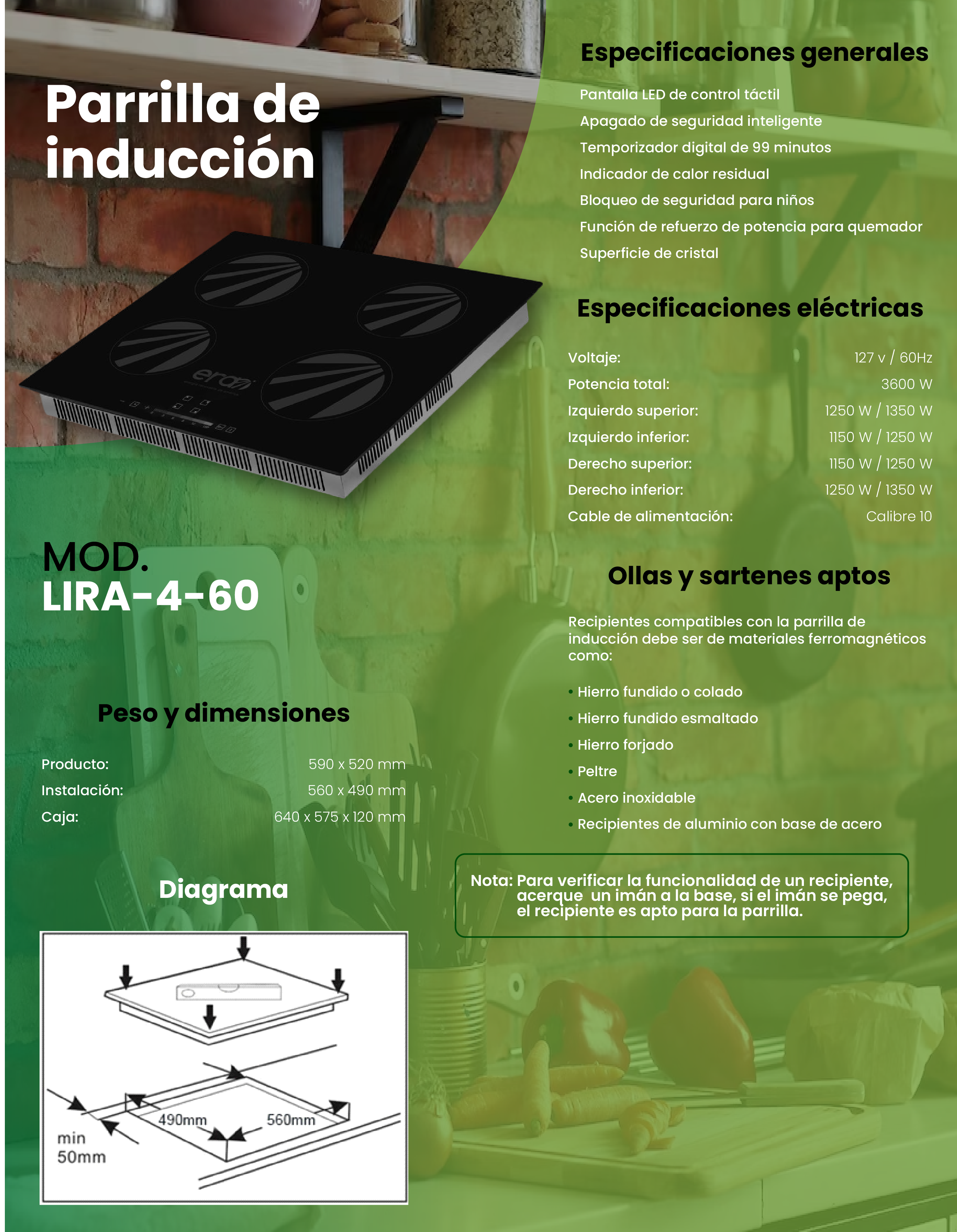 Foto 8 pulgar | Parrilla Eléctrica de Inducción Magnética ERA LIRA-4-60 Negra 4 Quemadores 110v 60 cm