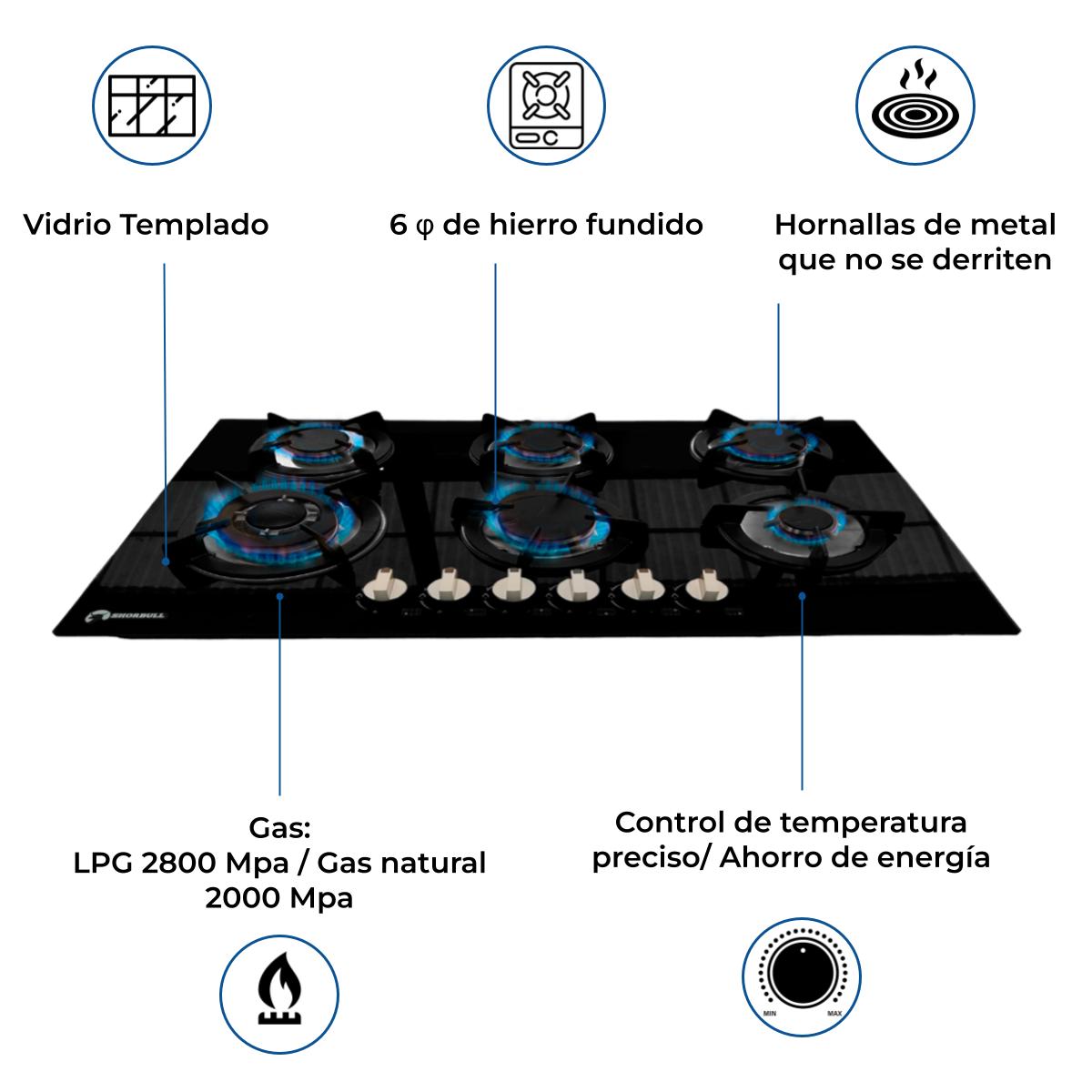 Foto 7 pulgar | Estufa Empotrable Shorbull 6 Quemadores Vidrio Templado
