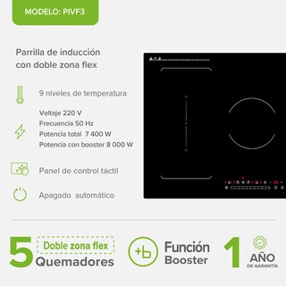 Foto 3 | Parrilla De Inducción 5 Quemadores 2 Zonas Flex 77 cm Función Booster 7400w A 8000 W AVERA PIVF3