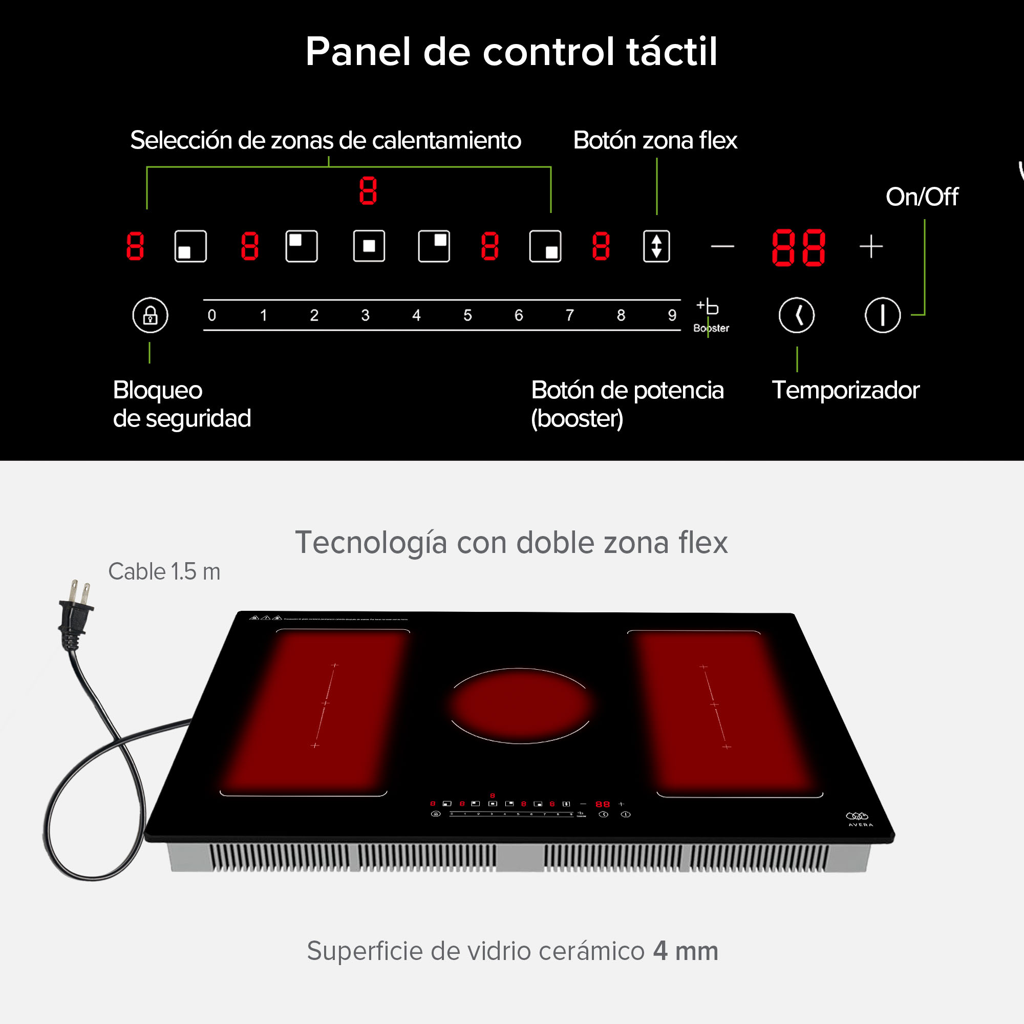 Foto 5 pulgar | Parrilla De Inducción 5 Quemadores 2 Zonas Flex 77 cm Función Booster 7400w A 8000 W AVERA PIVF3