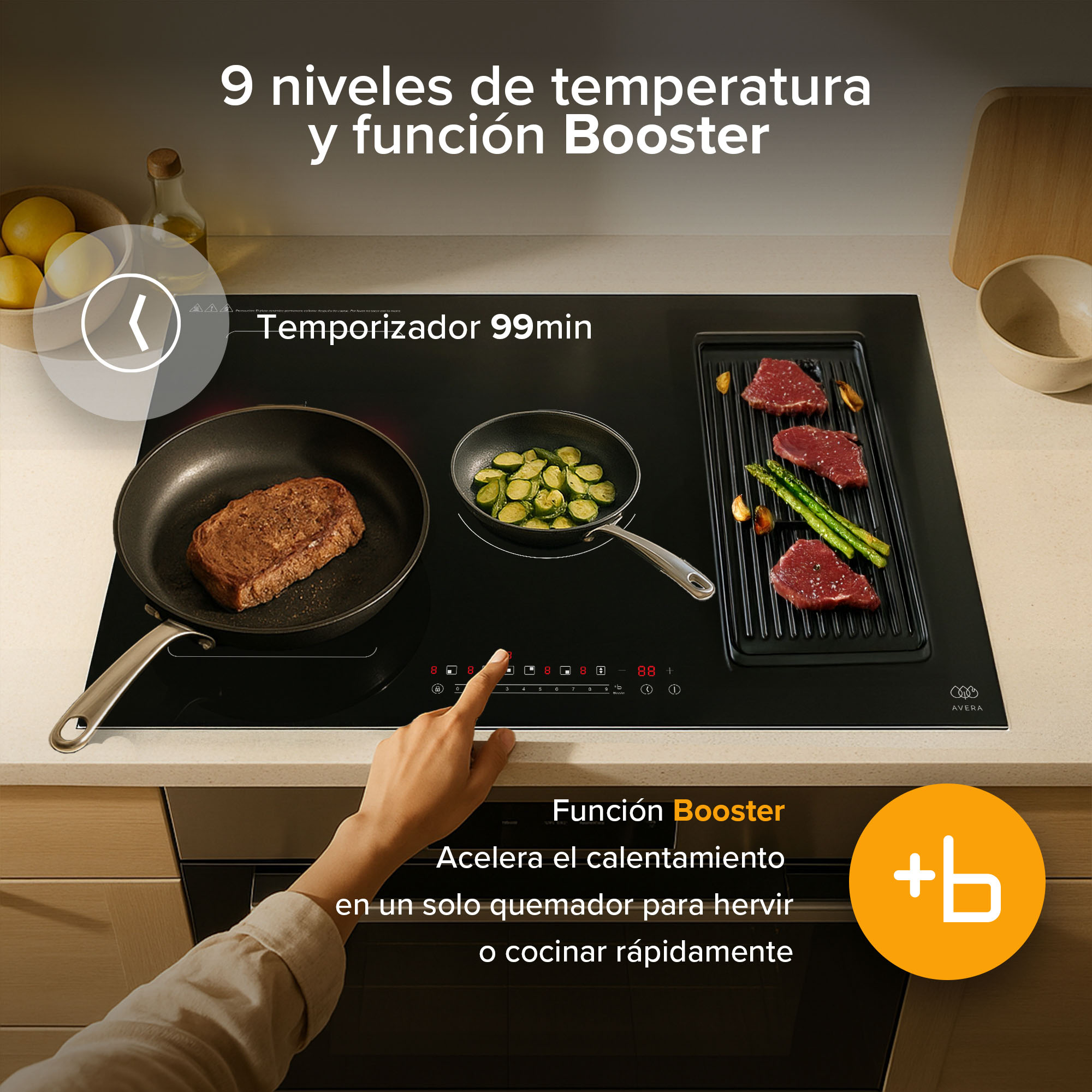 Foto 7 pulgar | Parrilla De Inducción 5 Quemadores 2 Zonas Flex 77 cm Función Booster 7400w A 8000 W AVERA PIVF3