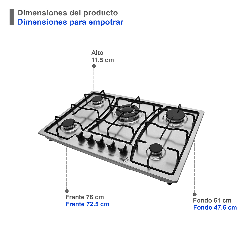 Foto 5 | Parrilla Supra Zegna color Gris Empotrable de Gas con 5 Quemadores en Acero Inoxidable de 76 CM