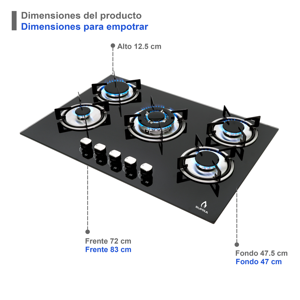 Foto 7 pulgar | ParrillaSupra Brioni color Negro de Gas Empotrable con 5 Quemadores y Cristal Templado de 76 CM