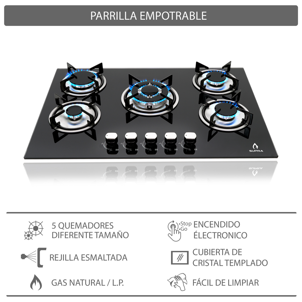 Foto 8 pulgar | ParrillaSupra Brioni color Negro de Gas Empotrable con 5 Quemadores y Cristal Templado de 76 CM