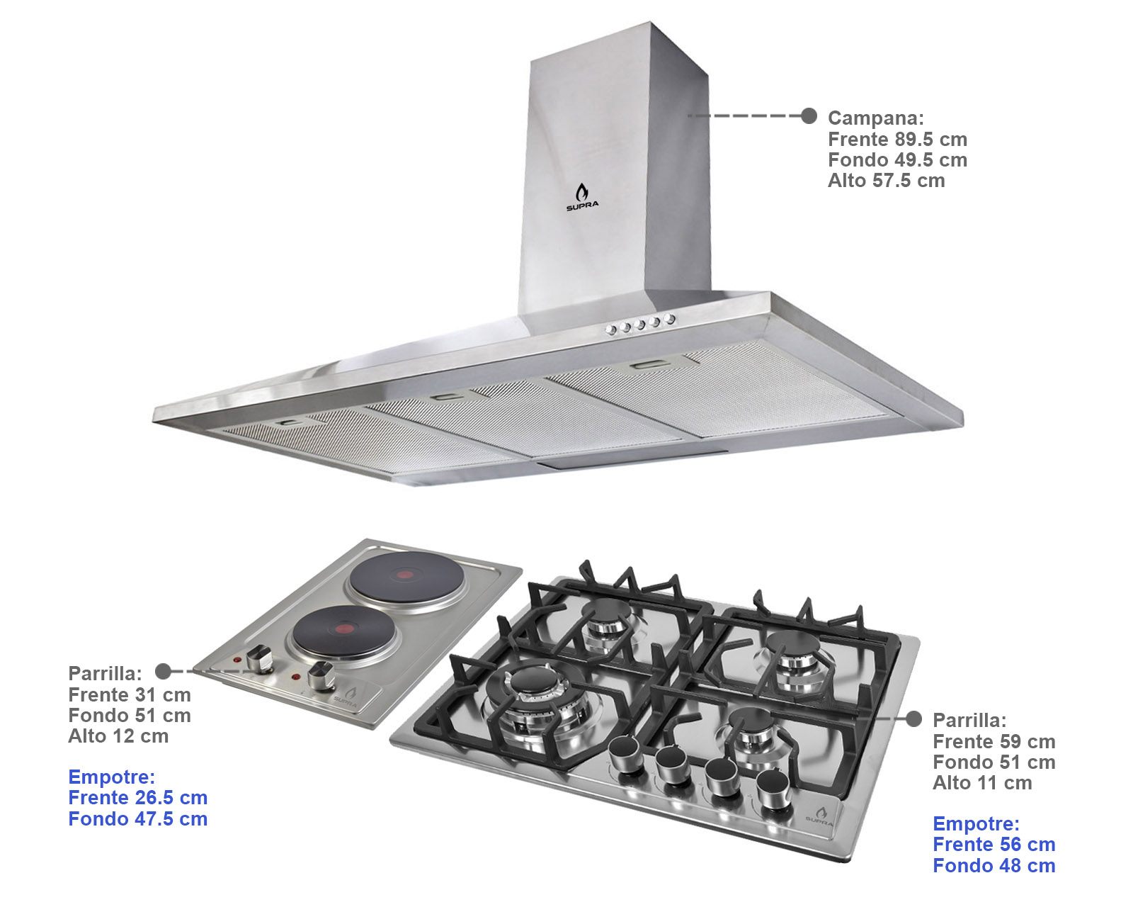 Foto 5 | Tricombo Supra Dodici color Gris con Campana de Pared 90 CM más Parrilla Eléctrica y Parrilla de Gas con 4 Quemadores