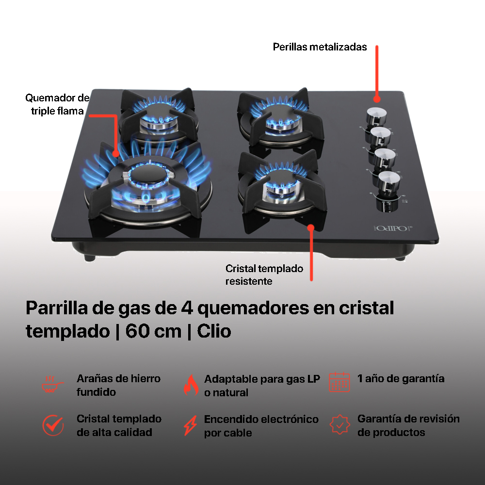 Foto 4 pulgar | Parrilla e Cristal Templado Odipo Clio 60 cm  con 4 Quemadores