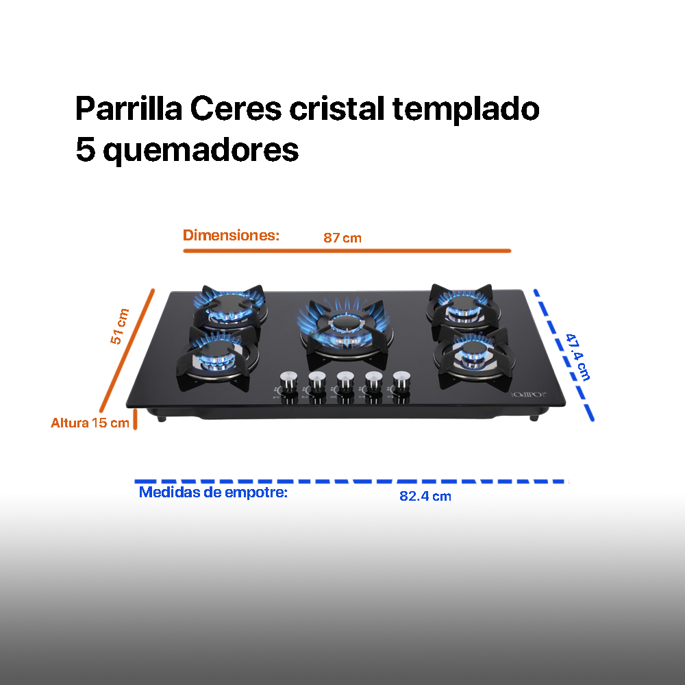 Foto 5 pulgar | Parrilla de Cristal Templado Odipo Ceres 86 cm con 5 Quemadores