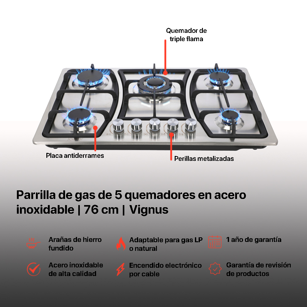 Foto 3 | Parrilla de Acero Inoxidable Odipo Vignus 75 Cm 5 Quemadores