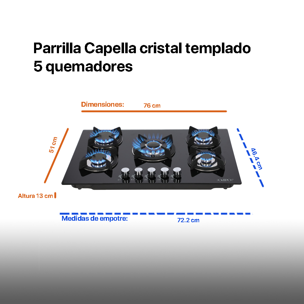 Foto 5 pulgar | Parrilla De Cristal Templado Odipo Capella 75 Cm 5 Quemadores