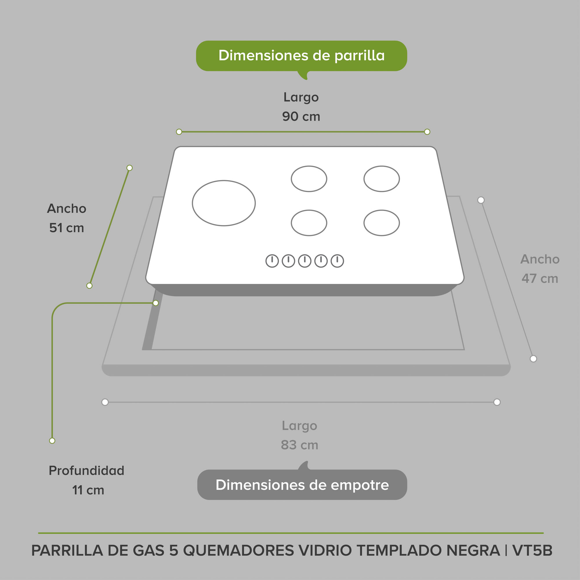 Foto 9 pulgar | Parrilla a Gas de 5 Quemadores de Vidrio Templado Vt5b color Negro