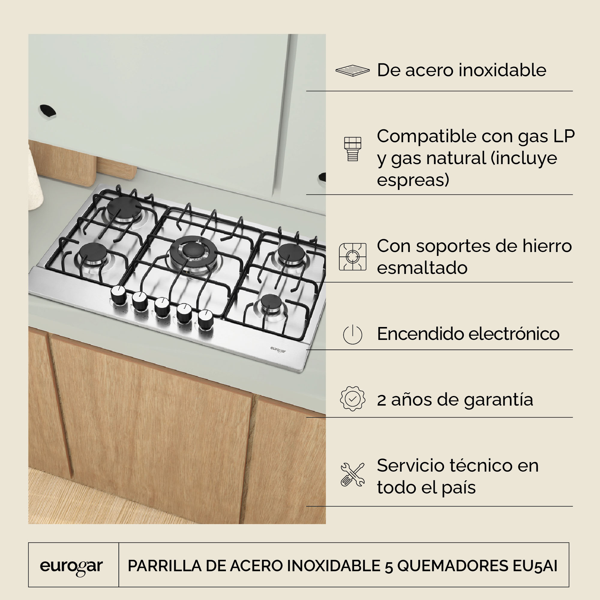 Foto 2 | Parrilla a Gas Eurogar EU5AI color Plata 5 Quemadores