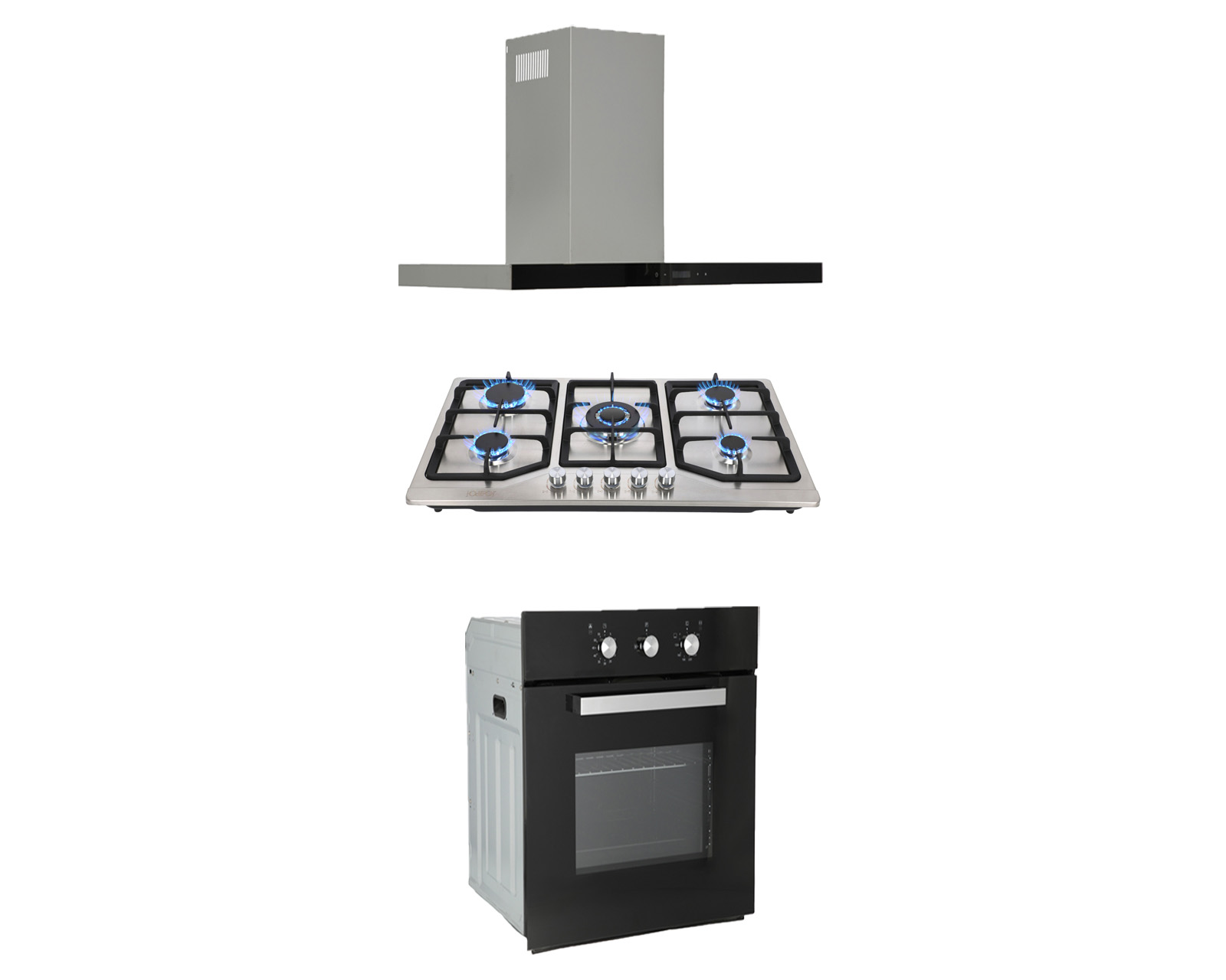 Tricombo de Campana Pared Odipo Temax 90 cm Parrilla Acero Inox Odipo 5Q Vesta 86 cm y Horno Gas Empotrable 60 cm Motrix