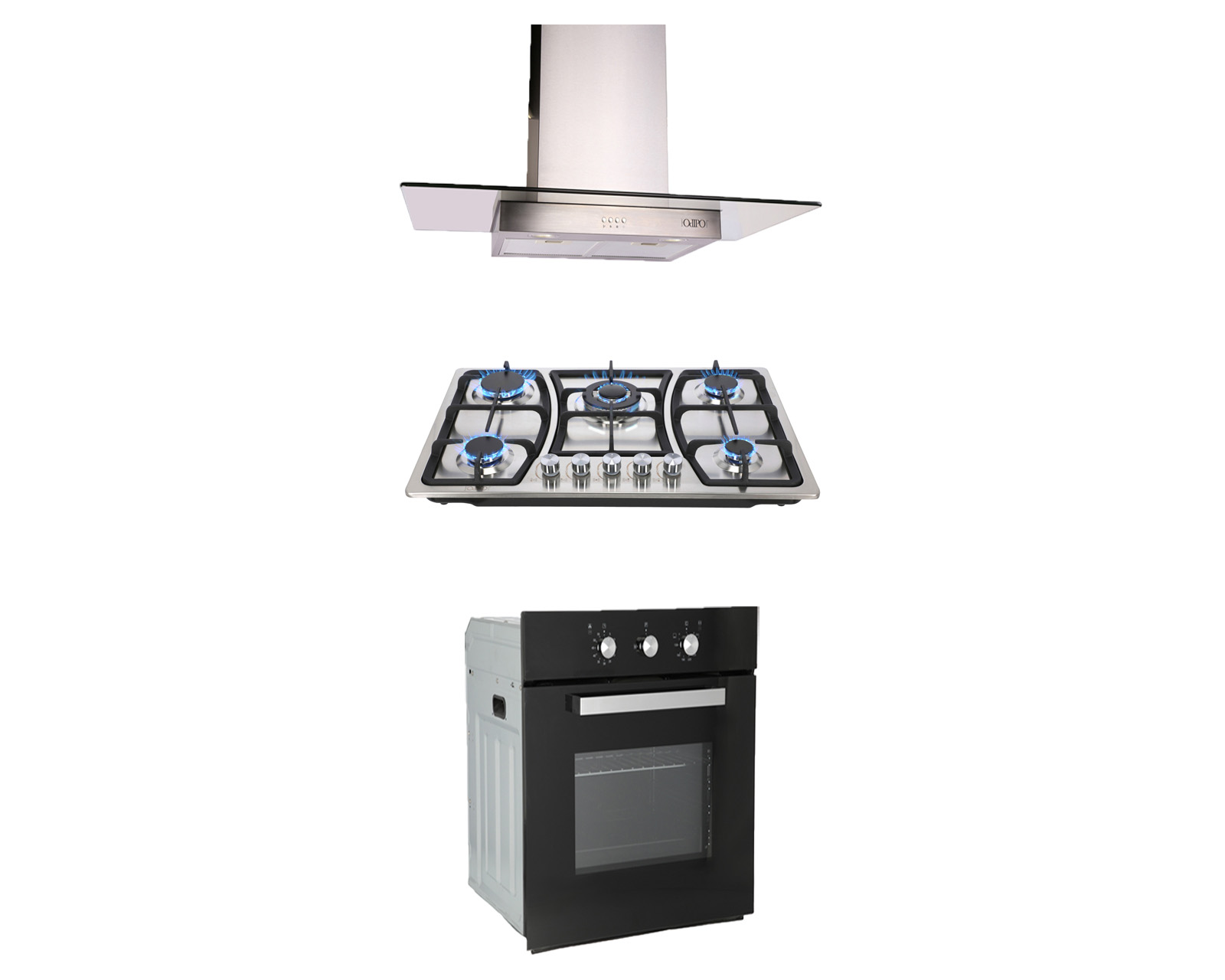 Tricombo de Campana Pared Odipo Telux 90 cm Parrilla Acero Inox Odipo 5Q Vignus 76 cm y Horno Gas Empotrable 60 cm Motr