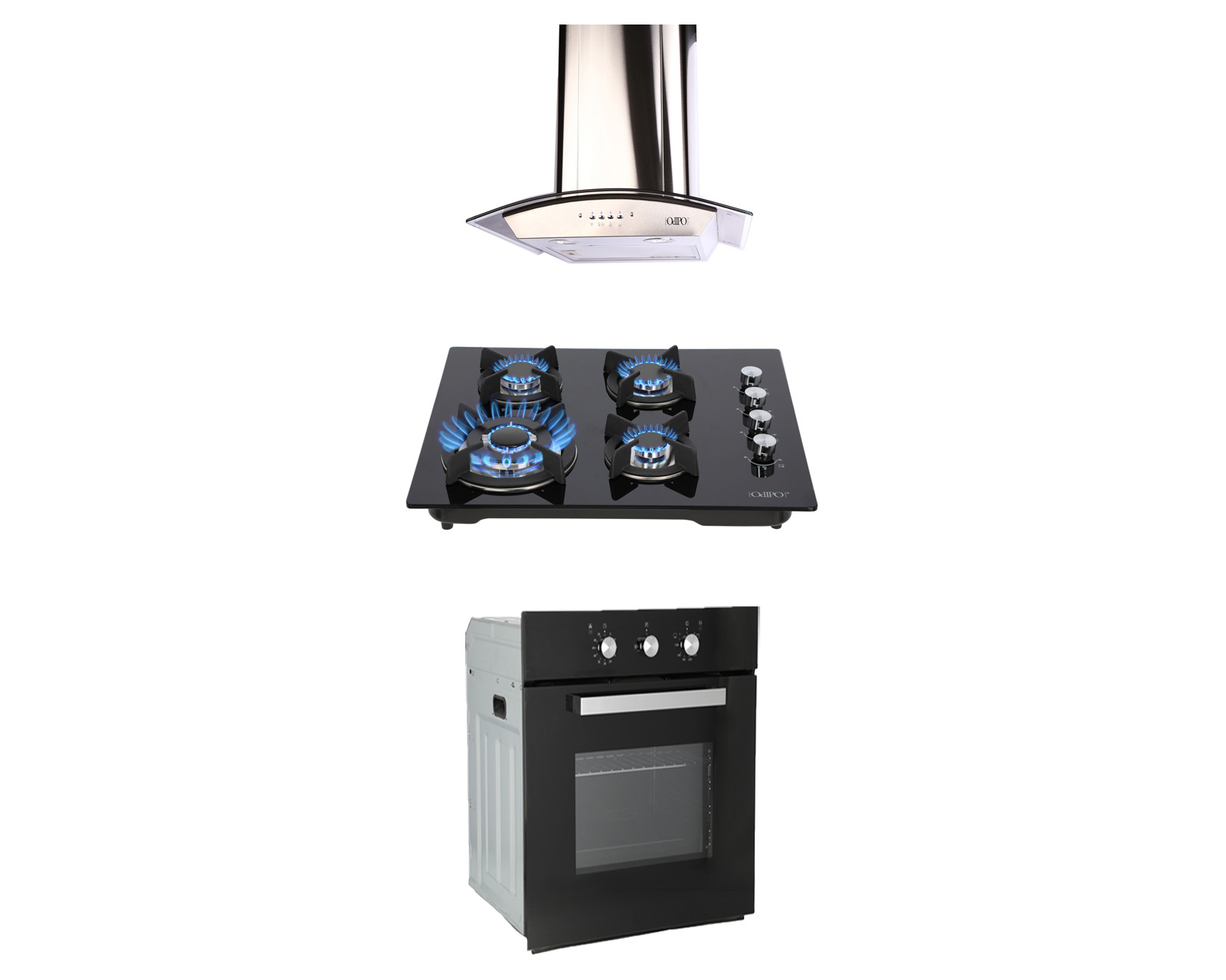 Tricombo de Campana Pared Odipo Marex 60 cm Parrilla Cristal Templado Odipo 4Q Clio 60 cm y Horno Gas Empotrable 60