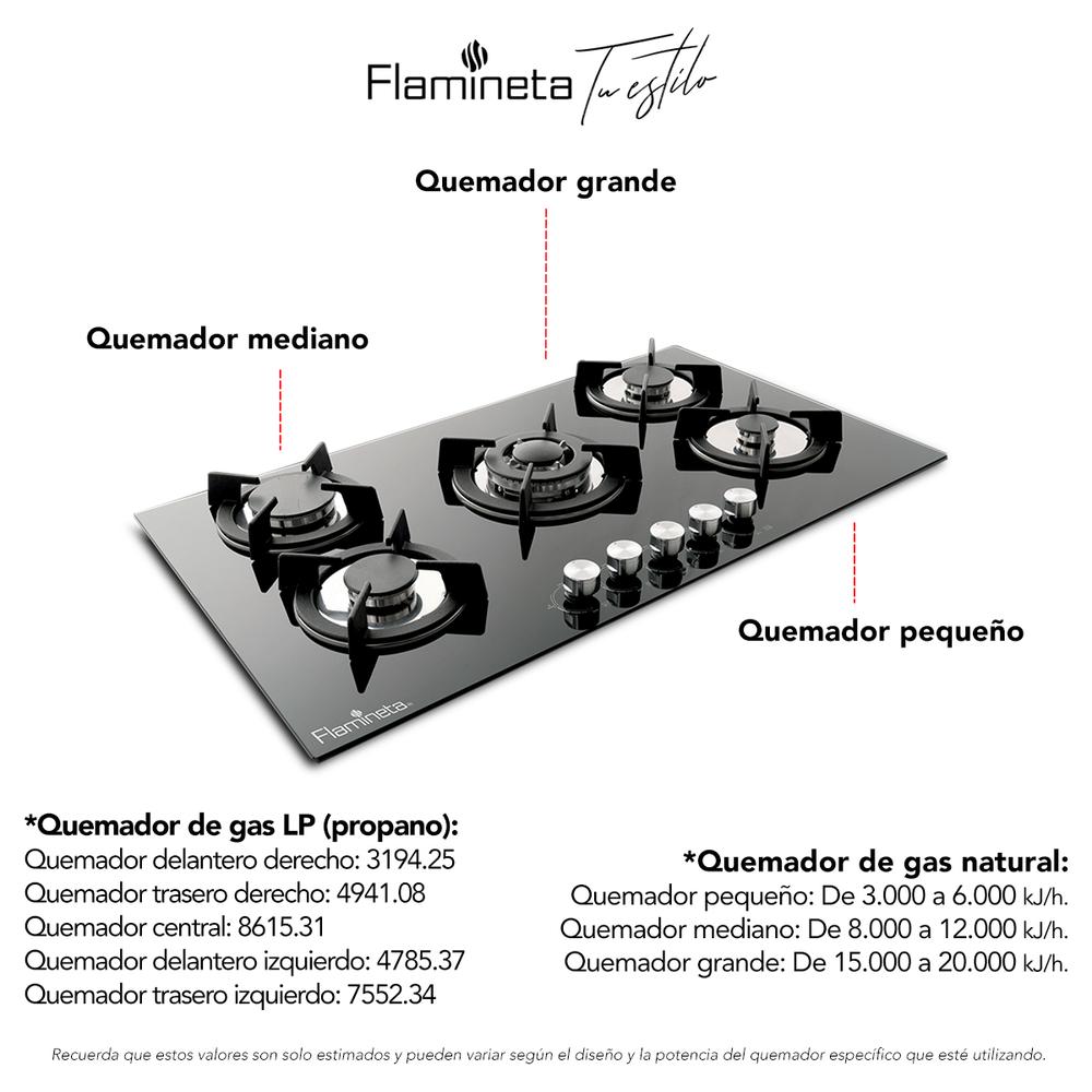 Foto 5 pulgar | Parrilla Empotrable de Gas Flamineta E5Q02-CRT color Negro 5 Quemadores Cristal Templado