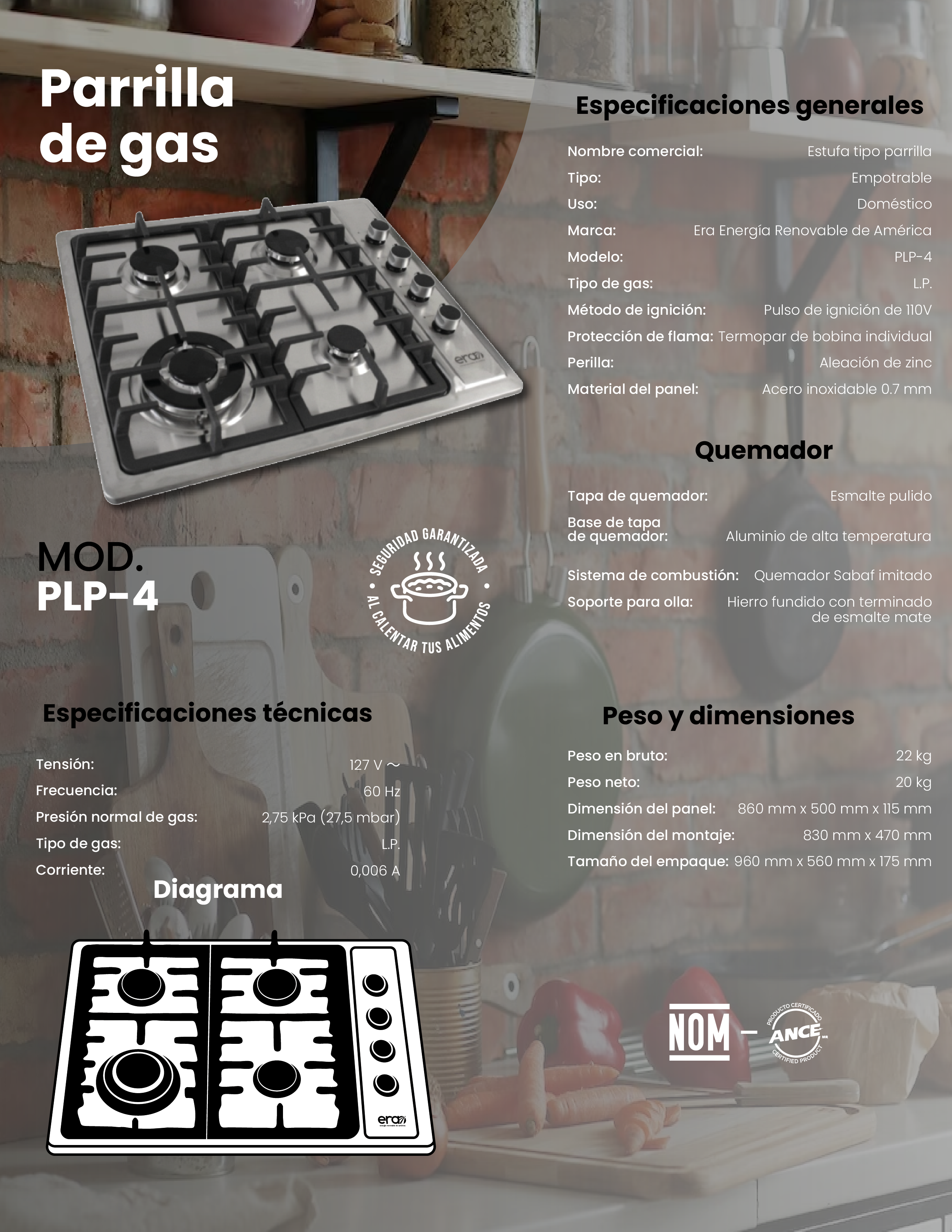 Foto 8 pulgar | Parrilla a Gas ERA Energía Renovable de América PLP-4 Plateada Empotrable 4 Quemadores