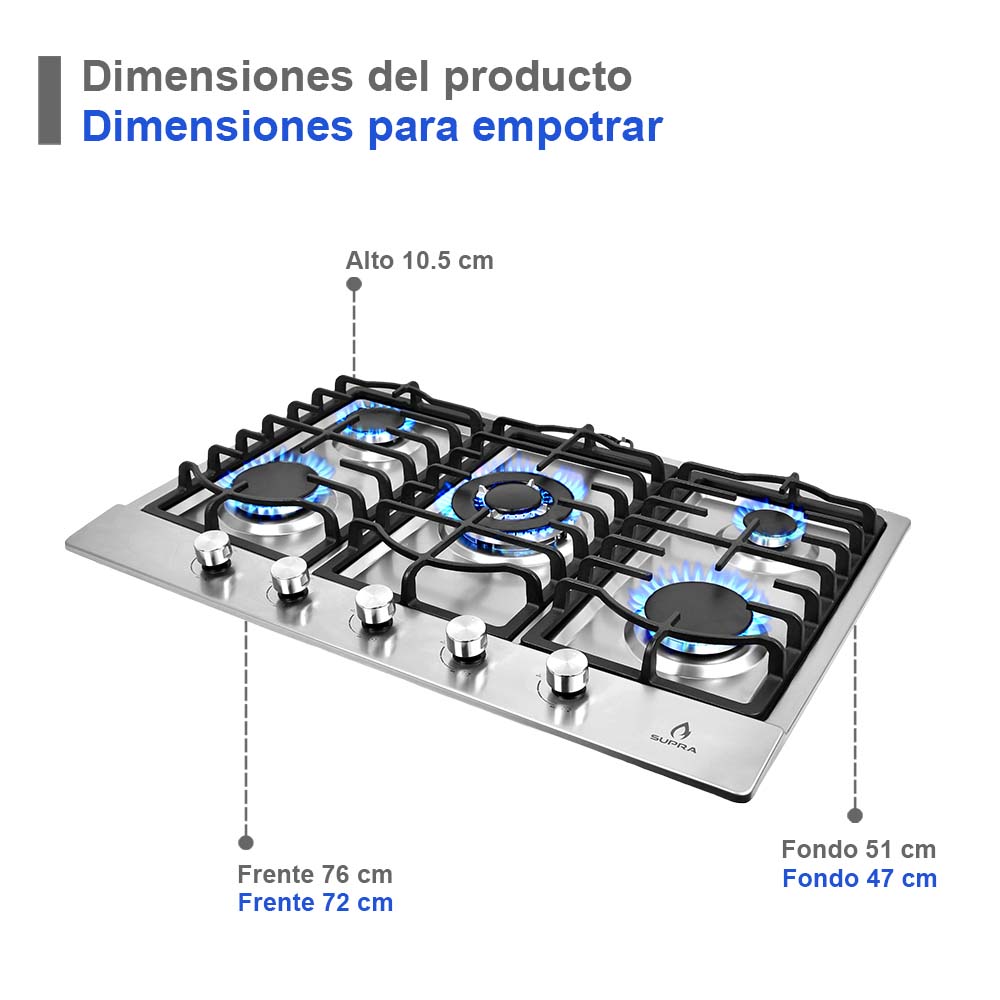 Foto 6 pulgar | Parrilla de Gas Supra Quantum 76 Empotrable con 5 Quemadores de Acero Inoxidable