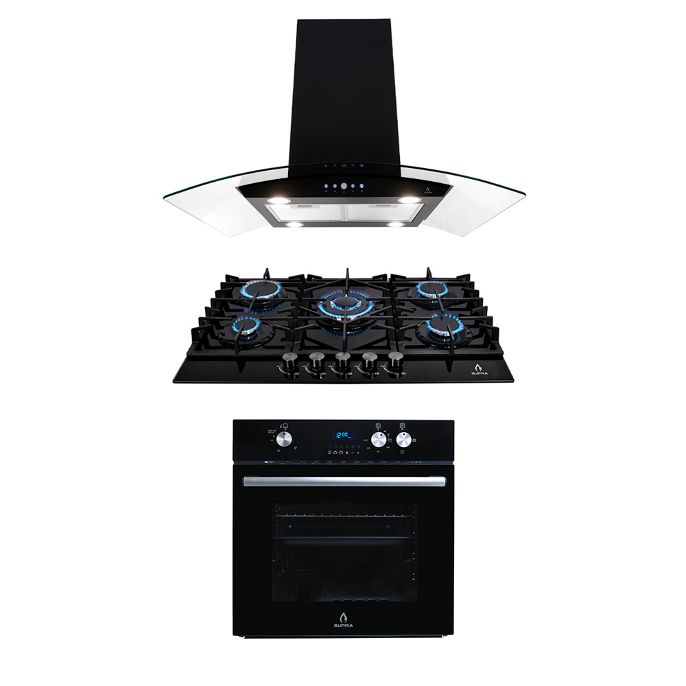 Tricombo Parrilla 5 Quemadores + Campana de Isla 76 cm + Horno Empotrable Supra Barelli Negros