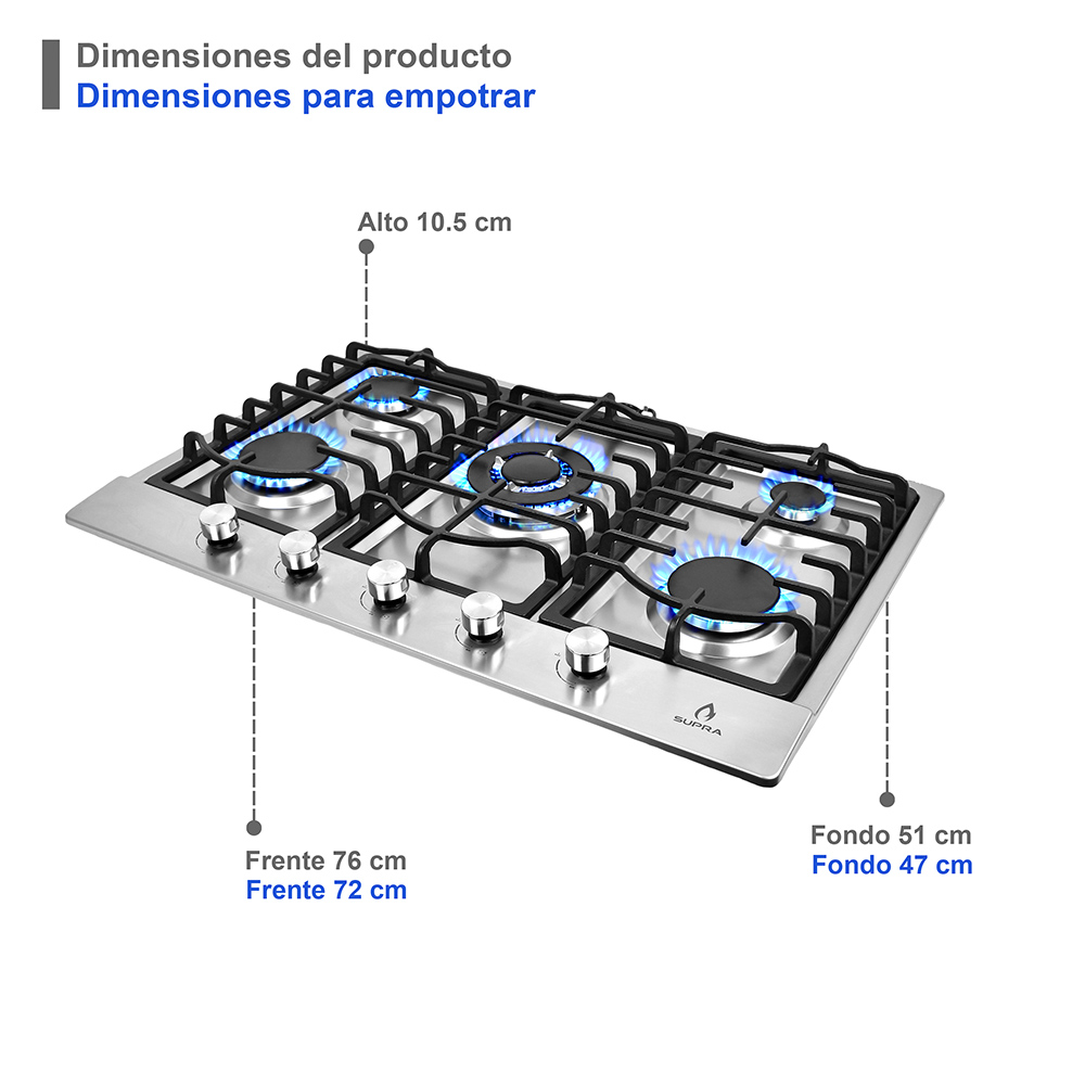 Foto 5 pulgar | Combo Supra Bricco Parrilla 5 Quemadores De Acero Inoxidable Y Campana De Pared En 76 Cm