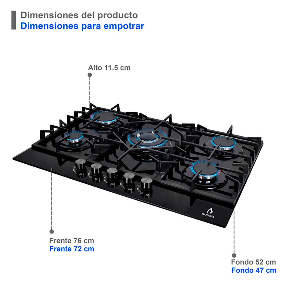 Foto 5 pulgar | Combo Parrilla 5 Quemadores de Acero Inoxidable + Campana de Pared 76 cm Supra Fernot Negras