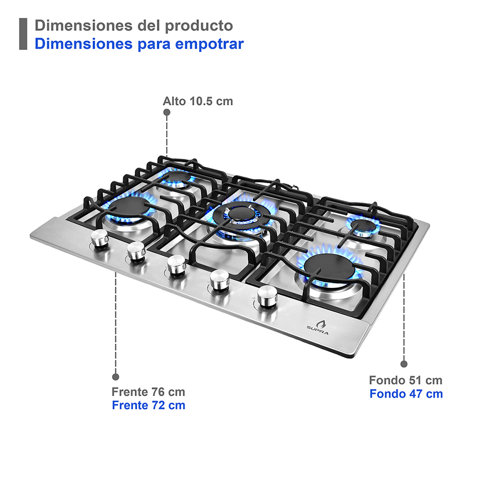 Foto 5 pulgar | Parrilla 5 Quemadores de Acero Inoxidable + Campana de Isla 76 Cm Supra