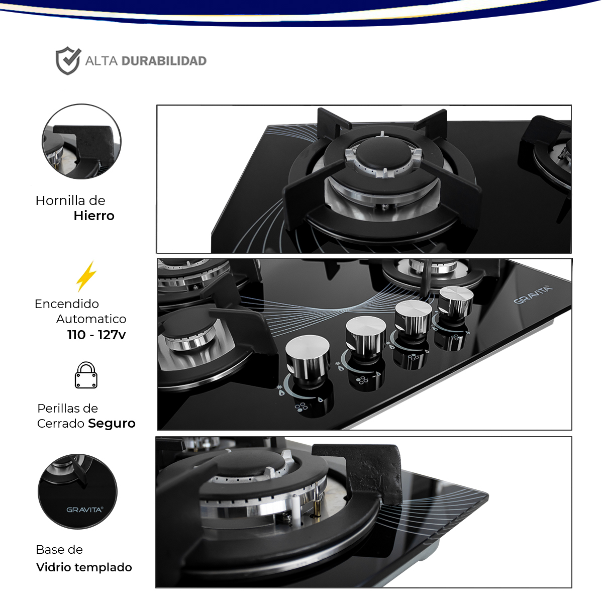 Foto 3 | Parrilla a Gas Gravita Negra de Cristal Templado 4 Quemadores