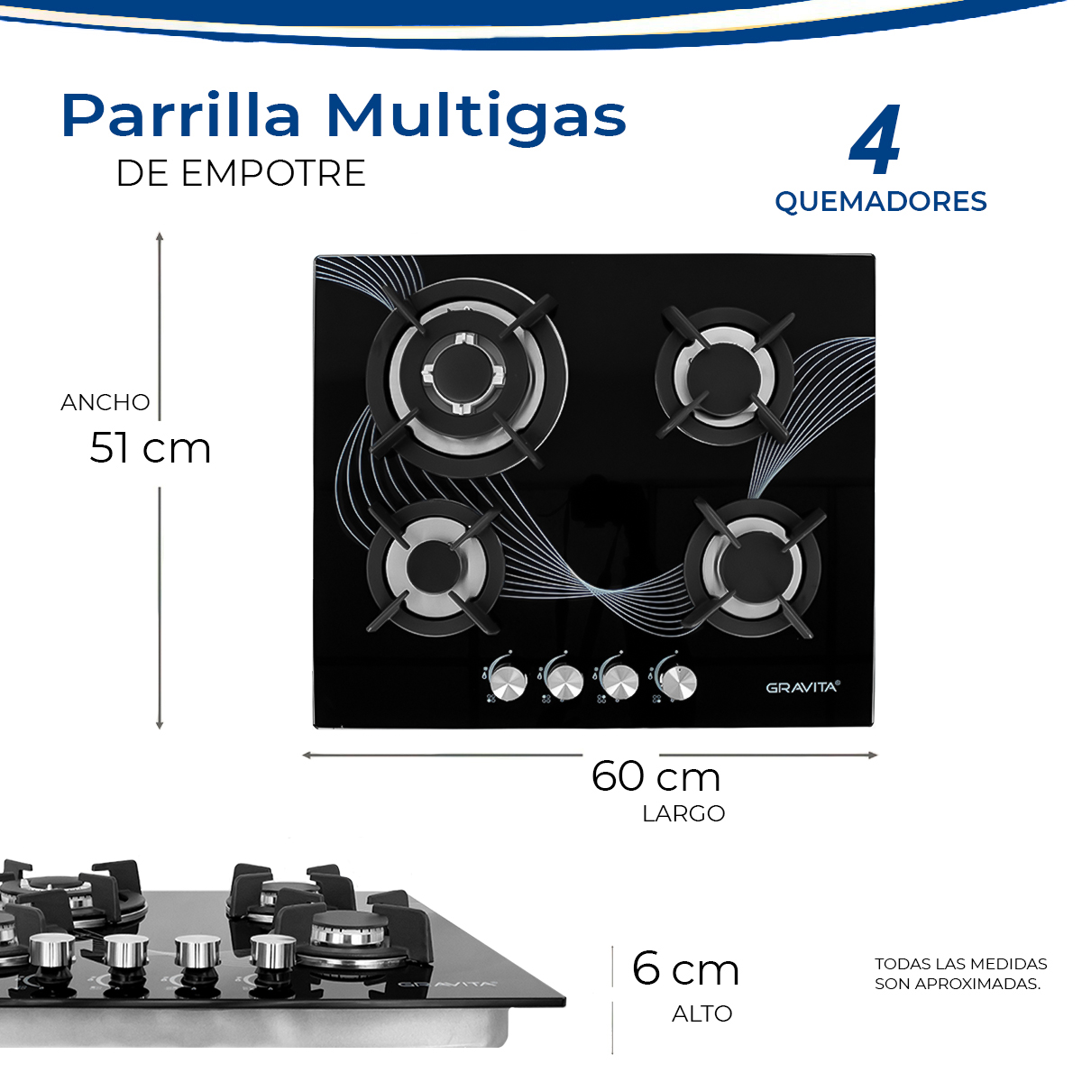 Foto 4 | Parrilla a Gas Gravita Negra de Cristal Templado 4 Quemadores