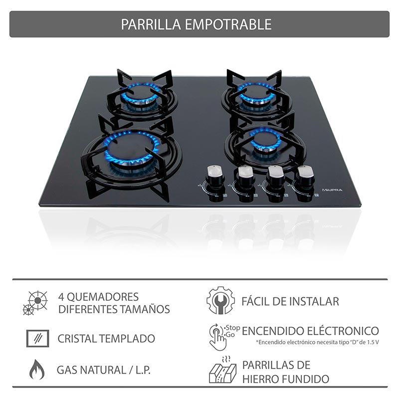 Foto 6 pulgar | Parrilla De Gas Kayser Empotrable Con 4 Quemadores De Cristal Templado Negro