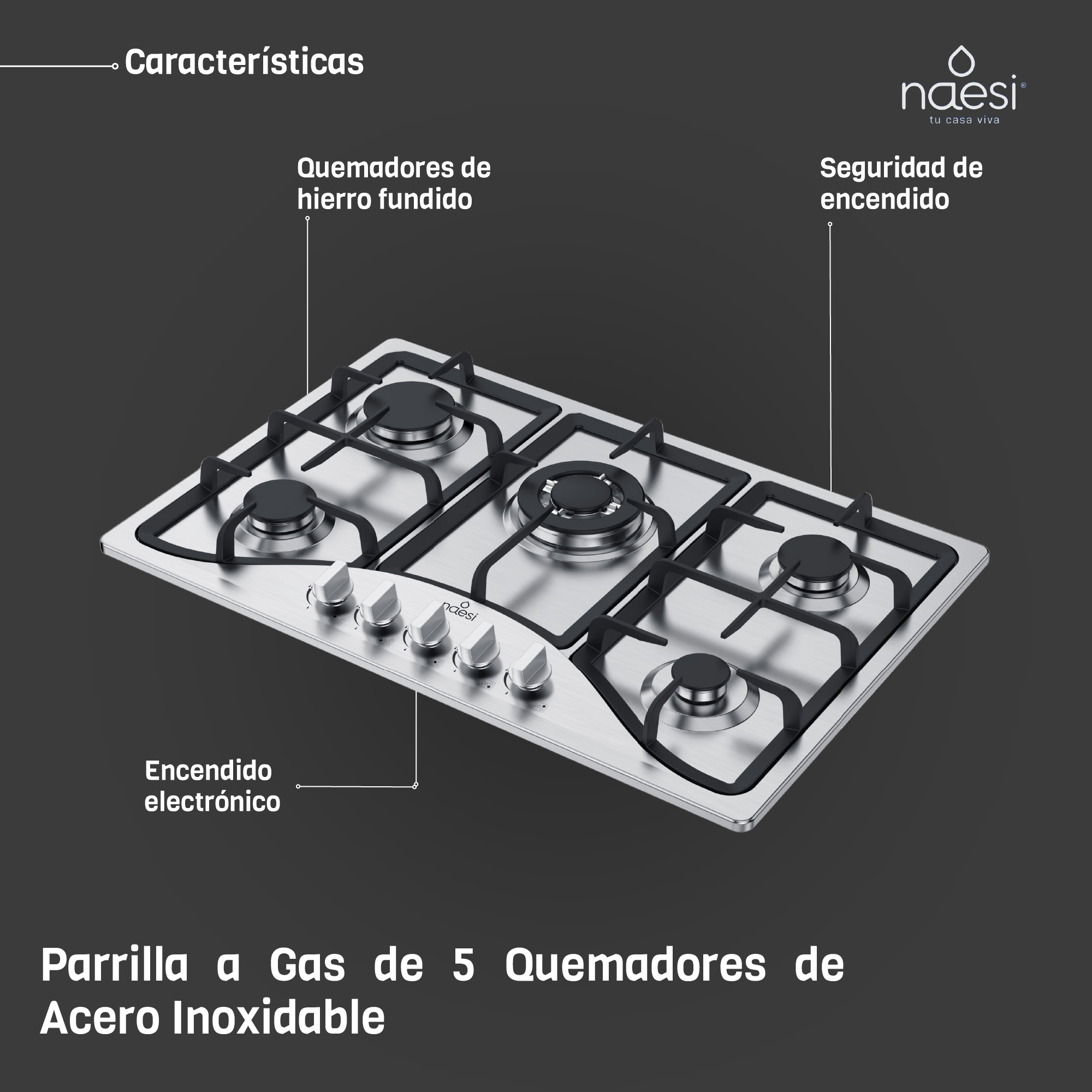 Foto 3 | Parrilla de Gas Naesi 5 Quemadores Acero Inoxidable An115 Plata