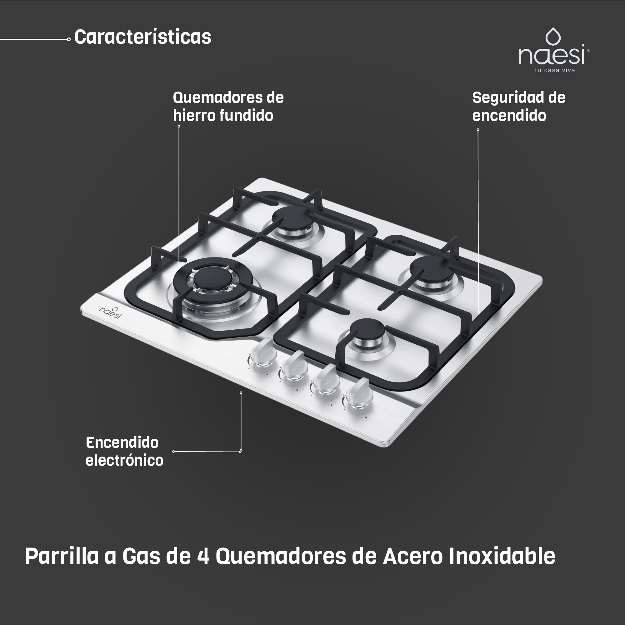 Foto 3 | Parrilla a Gas Naesi An114 Plateada 4 Quemadores de Acero Inoxidable