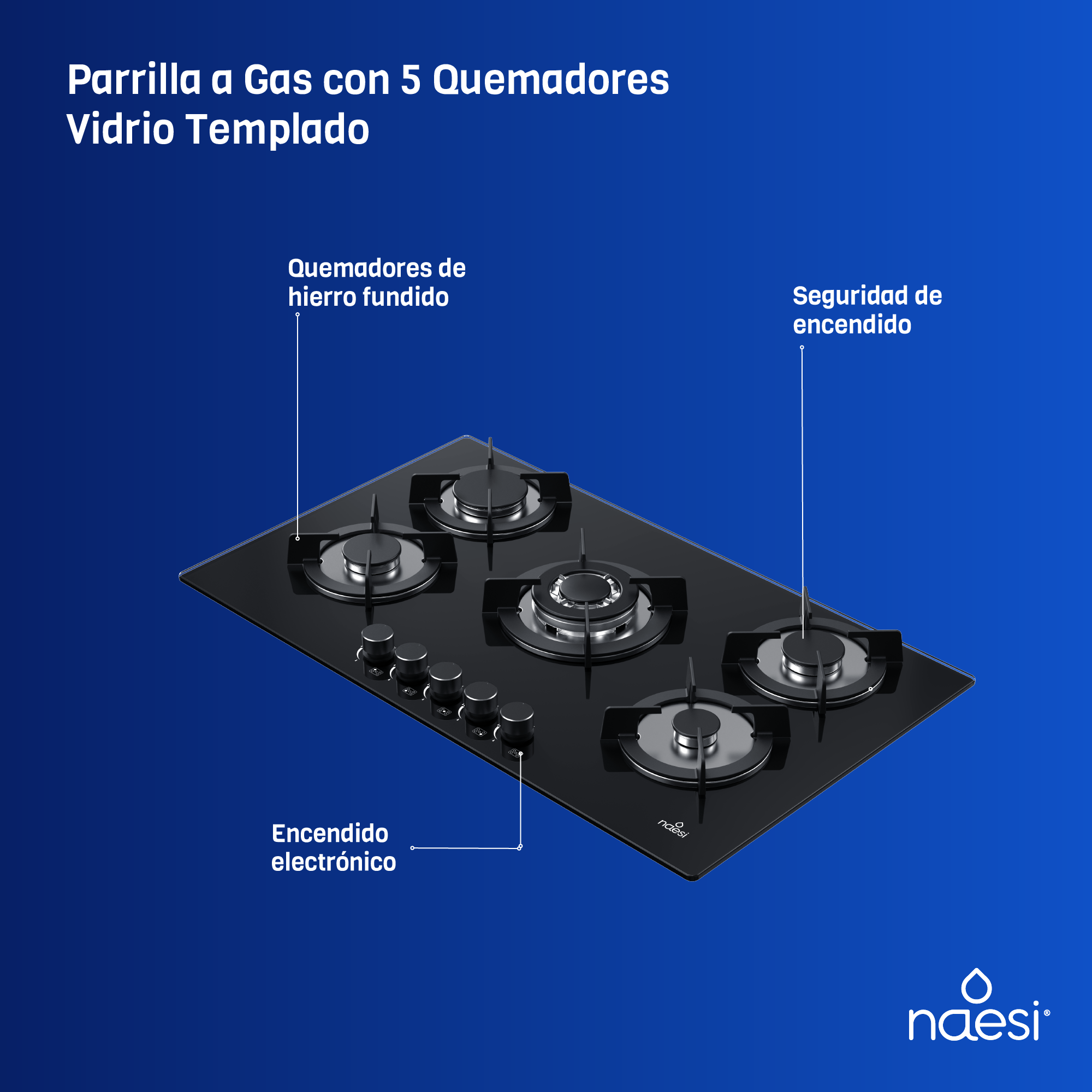 Foto 4 | Parrilla a Gas 5 Quemadores Vidrio Templado Naesi An105 Negra