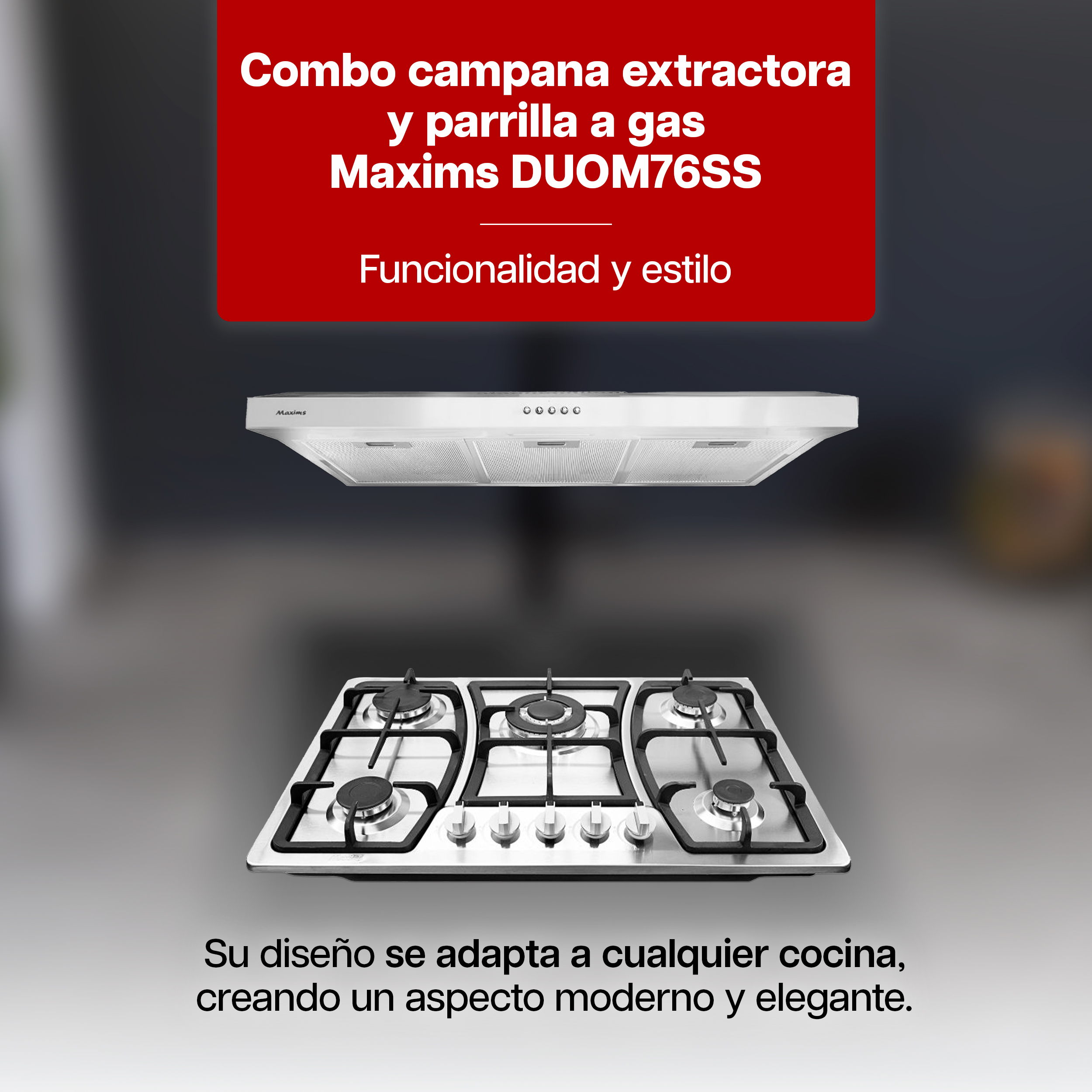 Foto 2 | Combo Maxims Parrilla 5 Quemadores y Campana 76 cm Acero Inoxidable