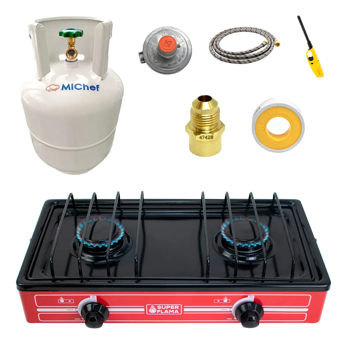 Foto 1 | Combo Parrilla de Gas LP de 2 Quemadores con Tanque de Gas 10 Kg y Kit de Instalación Super Flama