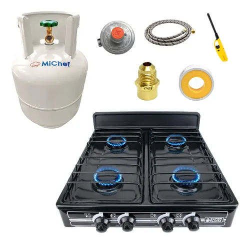 Combo Super Flama Parrilla de Gas LP de 4 Quemadores con Tanque de Gas 10 kg y Kit de Instalación