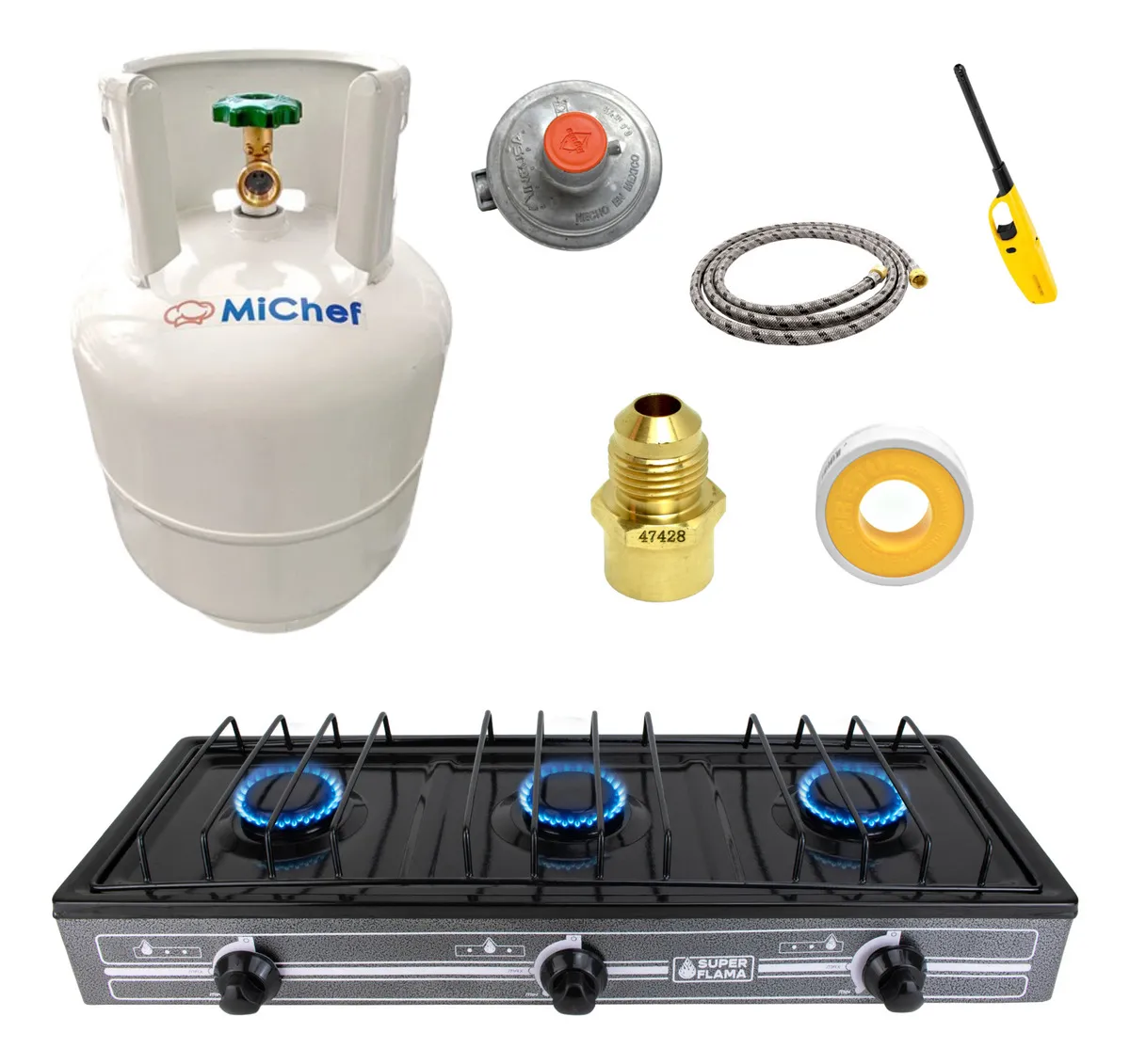 Combo Super Flama Parrilla de Gas Lp de 3 Quemadores con Tanque de Gas 10 kg y Kit de Instalación