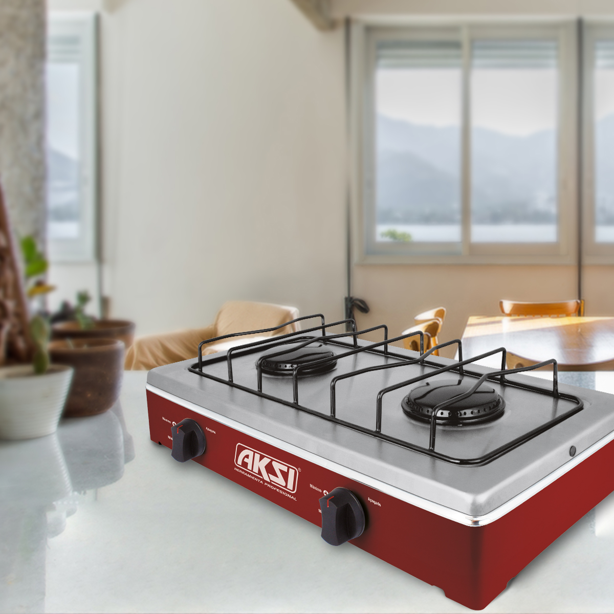 Foto 4 | Parrilla Estufa De Mesa Aksi 2 Quemadores Rojo Acero Inoxidable