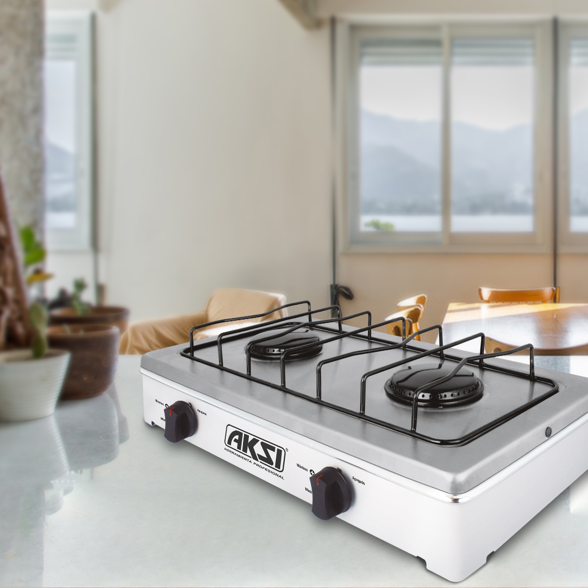 Foto 4 | Parrilla Estufa De Mesa Aksi 2 Quemadores Blanco Acero Inoxidable