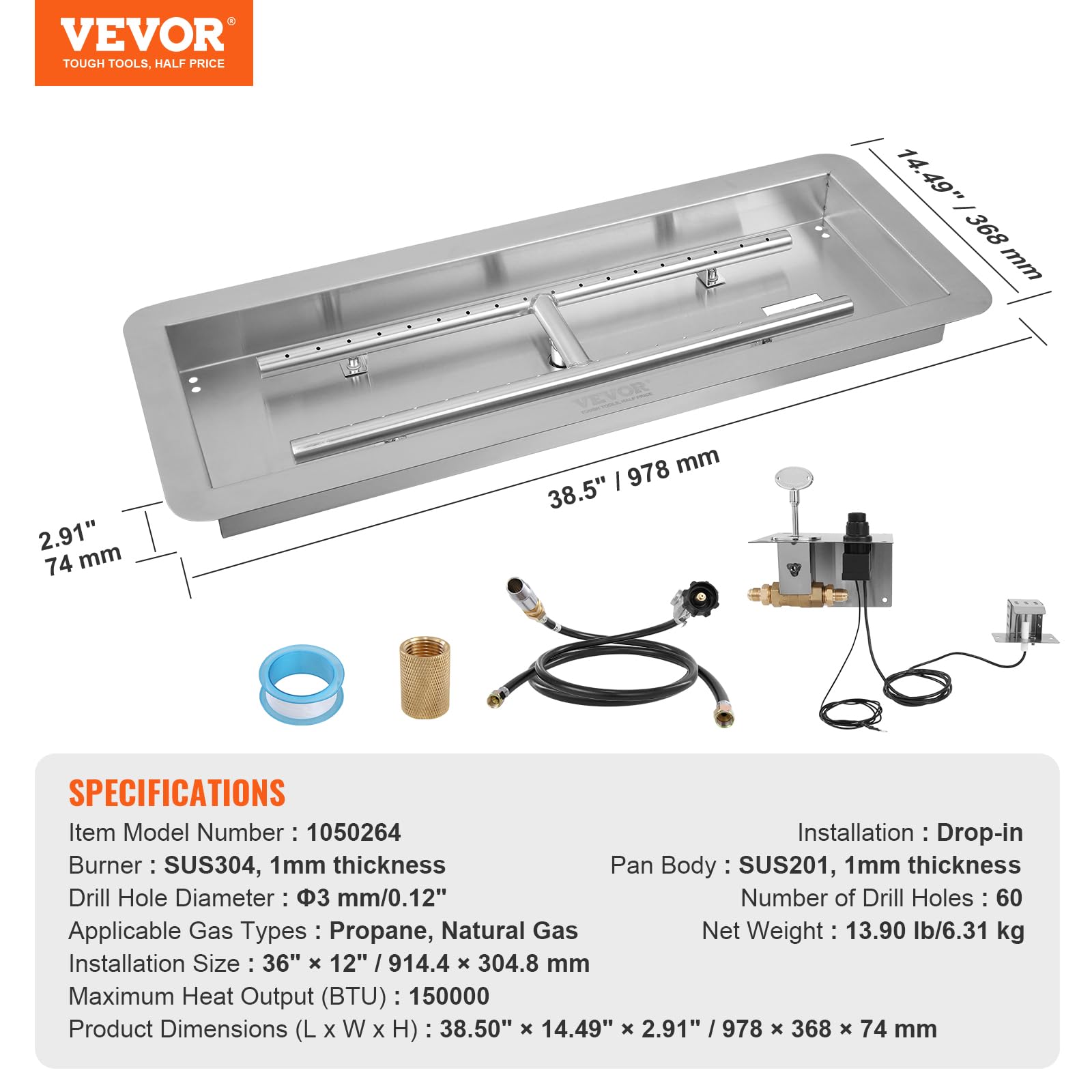 Foto 7 | Sartén Vevor 91 X 30 Cm, Acero Inoxidable, Gas Propano - Venta Internacional.