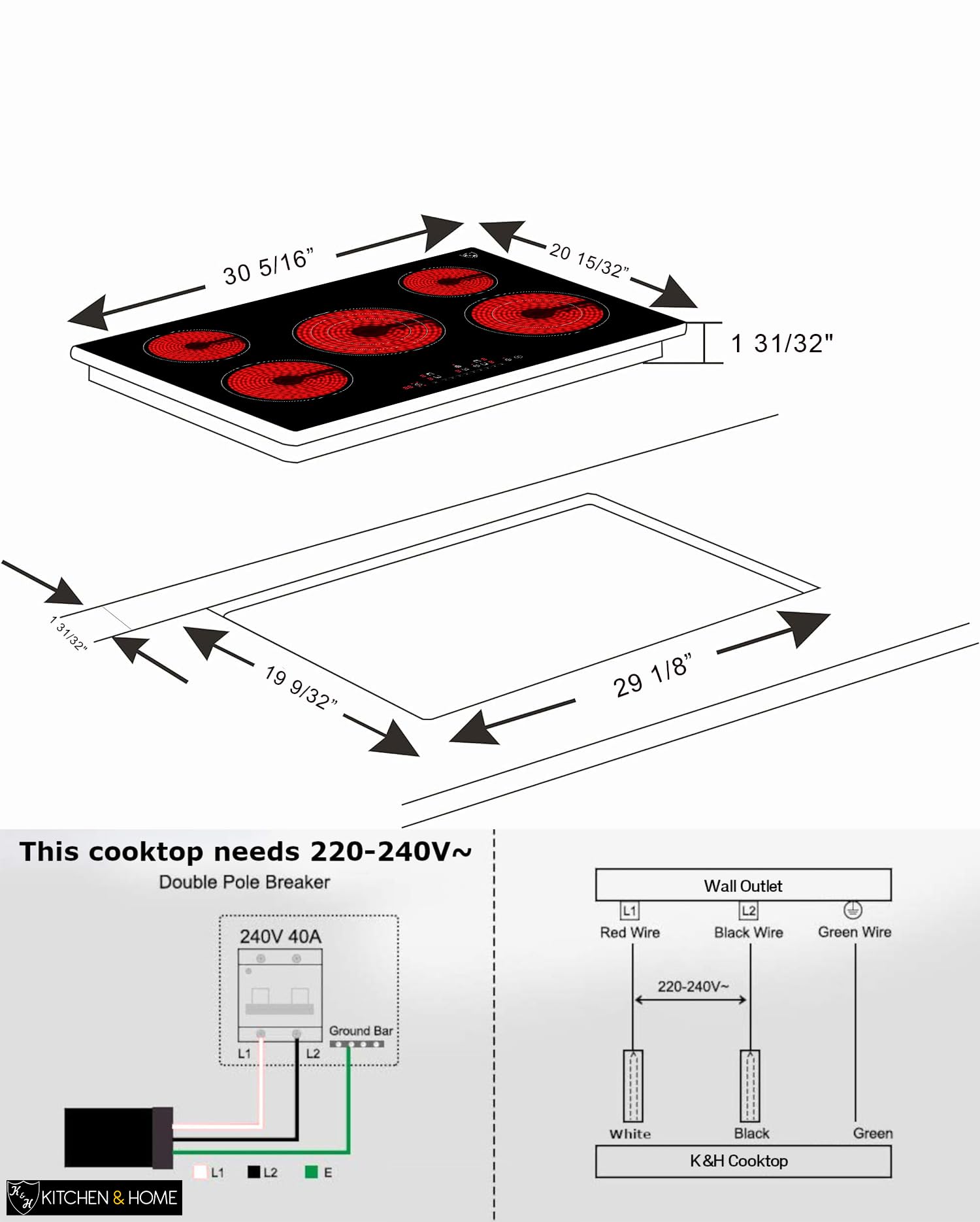 Foto 5 pulgar | Estufa Eléctrica K&h De 5 Quemadores, 30 Cm, Cerámica Integrada, 240 V - Venta Internacional.