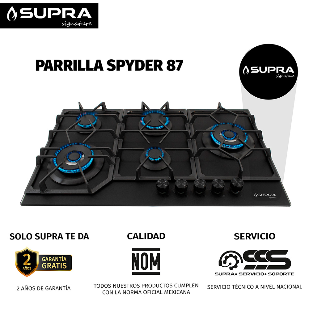 Foto 8 pulgar | Parrilla De Gas Spyder 87 | 5 Quemadores | Cristal Negro Mate | Empotrable