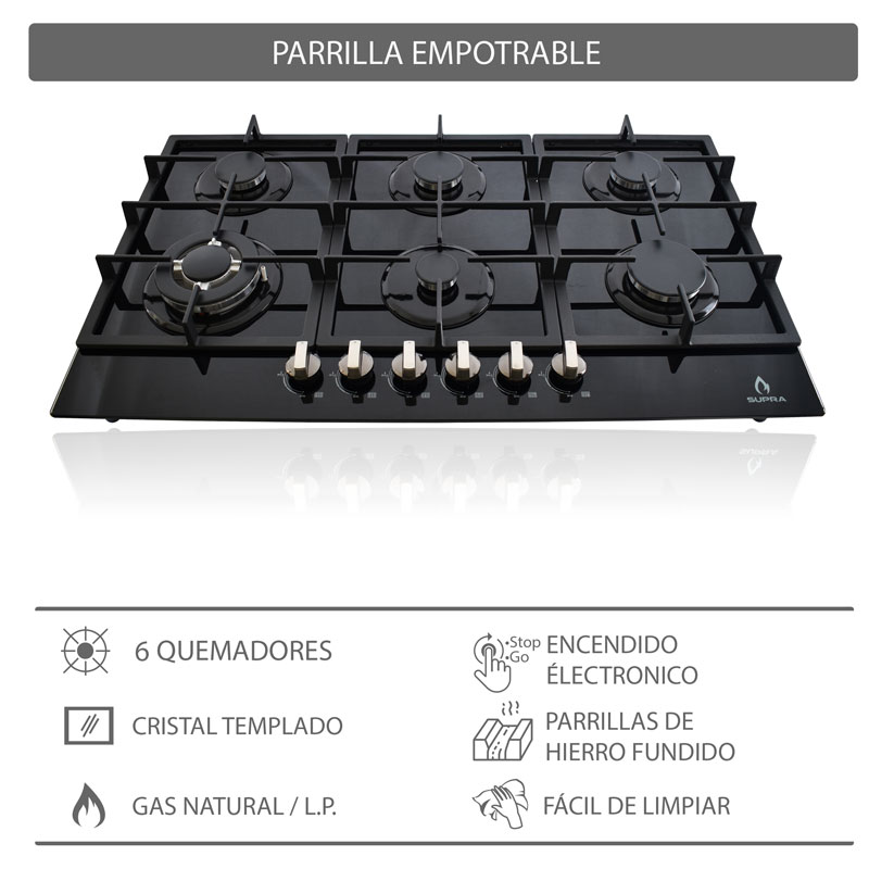 Foto 5 pulgar | Parrilla De Gas Diamond Glass Empotrable De 6 Quemadores De Cristal Templado Color Negro