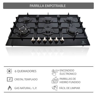 Foto 4 | Parrilla De Gas Diamond Glass Empotrable De 6 Quemadores De Cristal Templado Color Negro