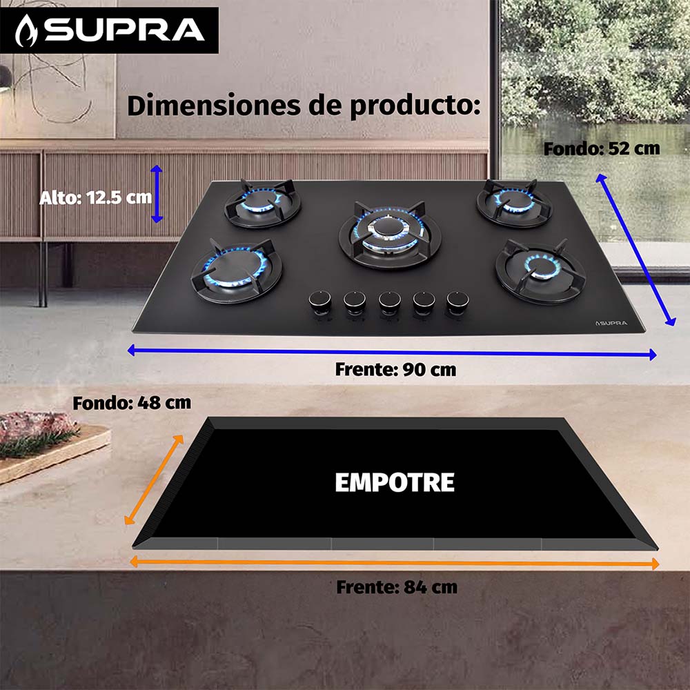 Foto 3 pulgar | Parrilla A Gas De 5 Quemadores Bella-90 Empotrable 90 Cm Cristal Templado Negro Mate