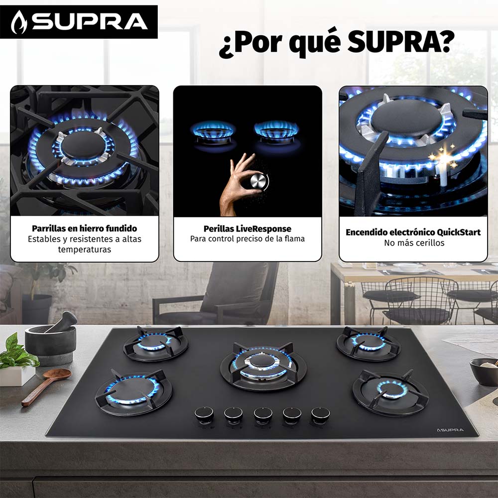 Foto 4 pulgar | Parrilla A Gas De 5 Quemadores Bella-90 Empotrable 90 Cm Cristal Templado Negro Mate