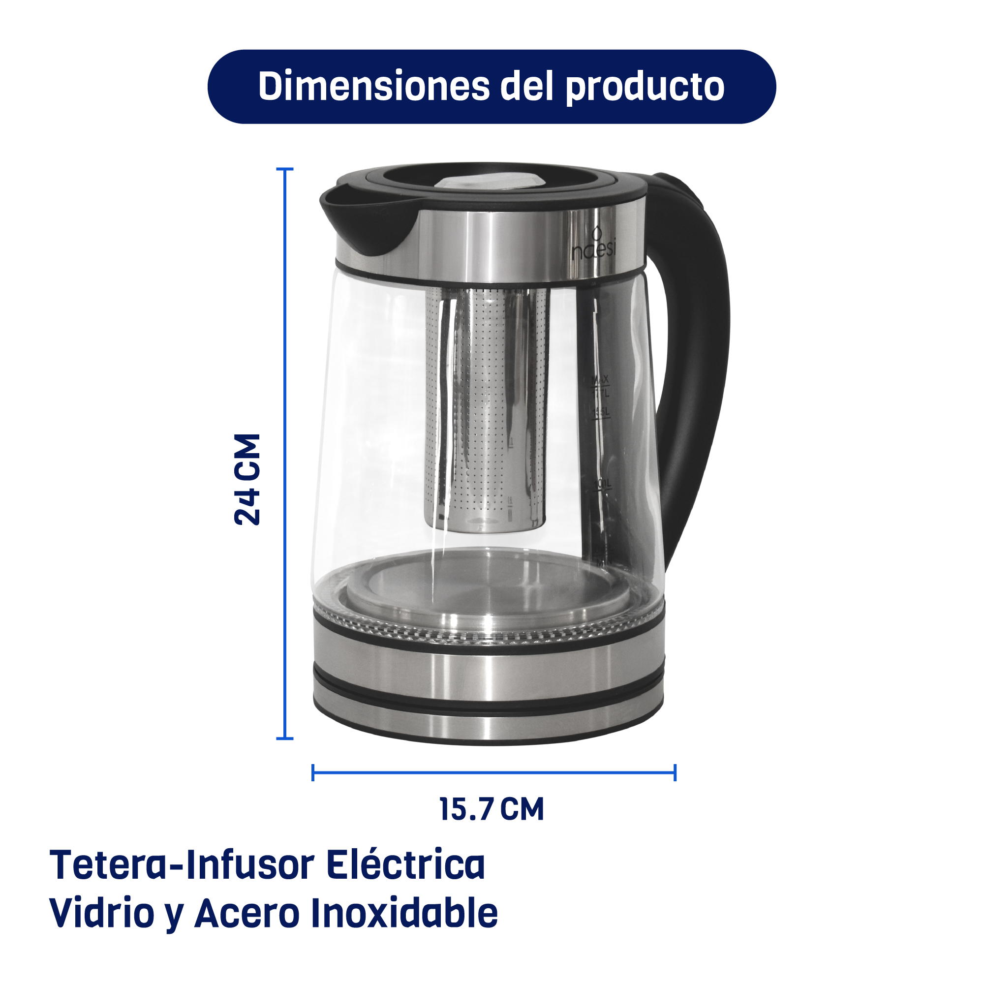 Foto 3 | Tetera Eléctrica Con Infusor 1.7 Litros De Vidrio Templado Con Luz Led + Dispensador De Agua Inteligente Naesi